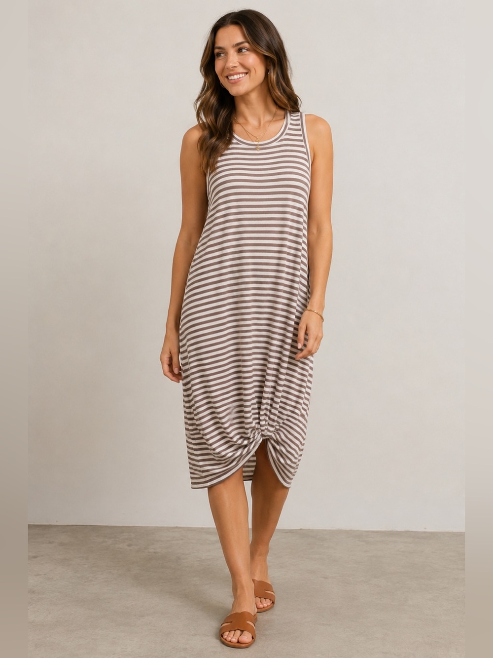 Striped tank midi dress with side hem knot, size small, EE:some, brown & white